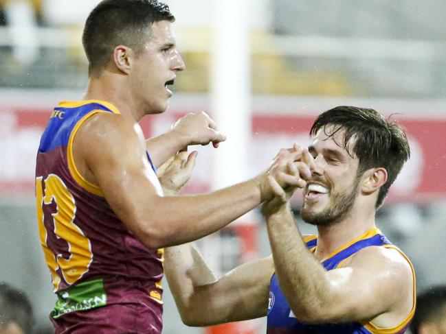 Jake Barrett of the Lions celebrates after scoring a goal during the Round 12 AFL match between the Brisbane Lions and the Fremantle Dockers at the Gabba in Brisbane, Saturday, June 10, 2017. (AAP Image/Glenn Hunt) NO ARCHIVING, EDITORIAL USE ONLY