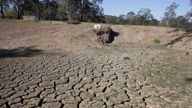 A dry dam in Mulgoa, NSW, which has been hit hard by drought. Picture: David Swift/AAP