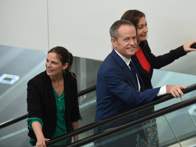 Opposition leader Bill Shorten arrives at a press conference after speaking at a Labor Party rally. Picture: AAP Image/Mick Tsikas