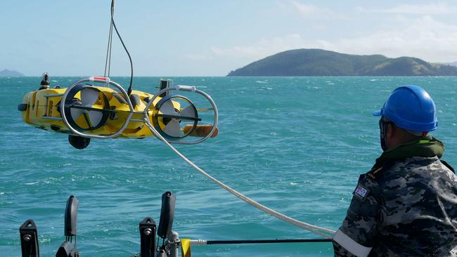 An underwater drone operated from HMAS Huon this week searching for the remains of four missing aviators and the wreckage of their MRH-90 Taipan helicopter. Picture: Defence