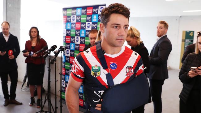 Roosters Cooper Cronk with his arm in a sling during the Sydney Roosters Grand Final media opportunity at the SCG, ahead of the 2018 NRL Grand Final. Picture: Brett Costello