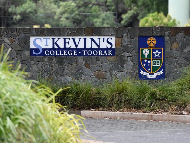 Signage is seen at St Kevin's College in Toorak, Melbourne, Thursday, February 20, 2020. Court action by a teacher has put more pressure on St Kevin's College in Melbourne after the school's headmaster resigned following a child-grooming scandal. (AAP Image/Erik Anderson) NO ARCHIVING