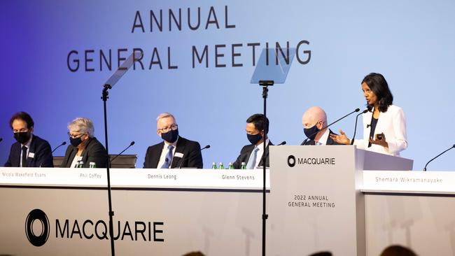 Macquarie chief executive Shemara Wikramanayake speaks at the AGM in Melbourne on Thursday. Picture: Alese Watson