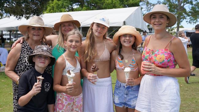 Shelley Damiani, Cruz Thompson, 8, Renee Malmborg, Georgie Malmborg, 12, Milli Malmborg, 14, Summer Thompson, 10, Tarla Thompson at the Noosa Australia Day Festival at Lions Park Gympie Terrace Noosaville, on January 26, 2023. Picture: Katrina Lezaic