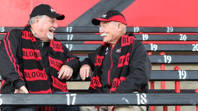 West Adelaide Football Club fans Doug Allen and Bobby Manning at City Mazda Stadium.