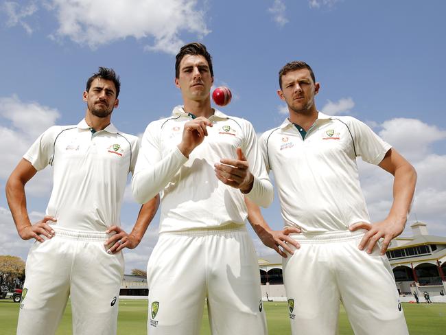 Australian fast bowlers Mitchell Starc, Pat Cummins and Josh Hazlewood, pictured in 2019, remain our primary Test pace trio. Picture: AAP