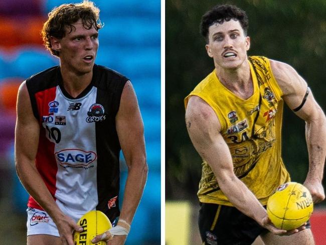 Jake McQueen for Southern Districts and Jake Twycross playing for Nightcliff in the 2024-25 NTFL season.