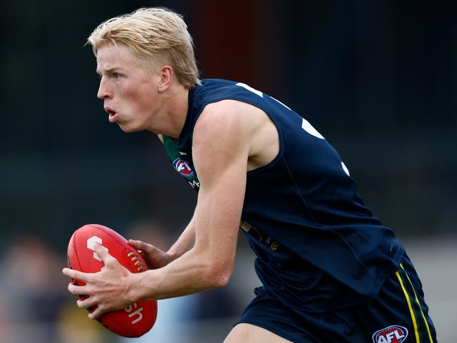 MELBOURNE, AUSTRALIA - APRIL 13: Tobie Travaglia of the AFL Academy in action during the 2024 AFL Academy match between the Marsh AFL National Academy Boys and Coburg Lions at Ikon Park on April 13, 2024 in Melbourne, Australia. (Photo by Michael Willson/AFL Photos via Getty Images)