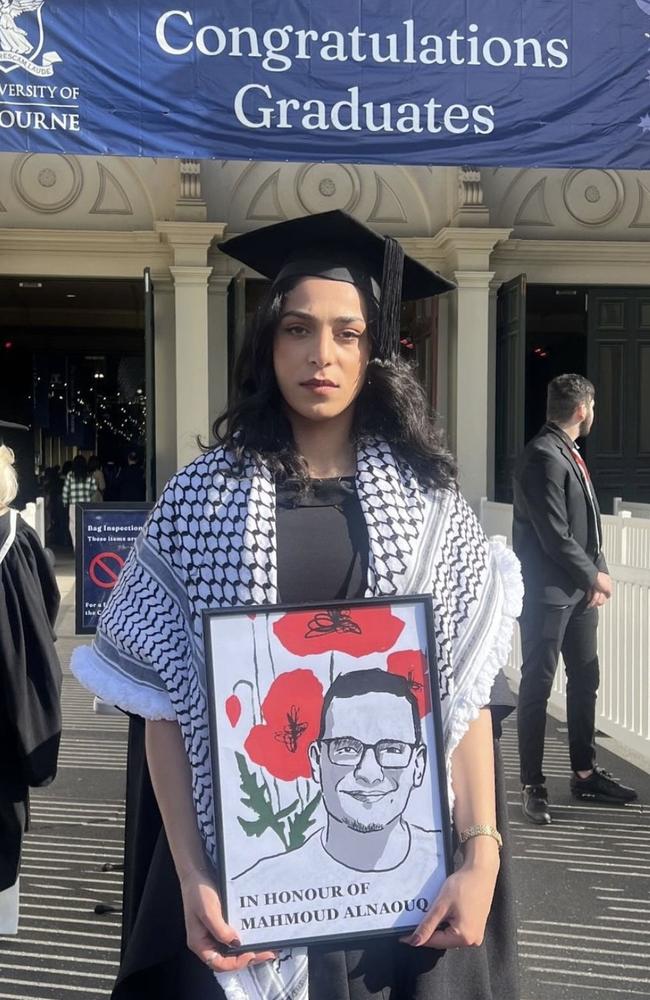 Student pro-Palestine activist Dana Alshaer graduated from the University of Melbourne on Friday. Picture: Instagram / UniMelb for Palestine