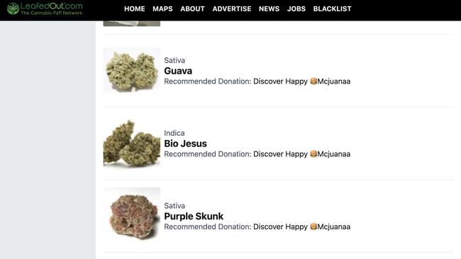 Leafed out is an illegal online platform the distributes Marijuana across Sydney. It connects buyers and sellers and products are delivered to your door. Pictured are screenshots of the website. Picture: Supplied