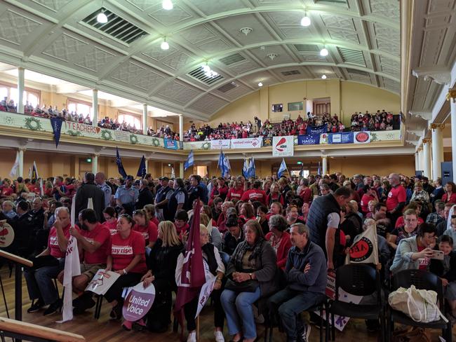 Some of the thousands of public sector workers who turned out for a stop-work rally at Hobart’s City Hall to call for a better pay deal.