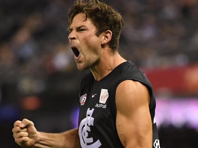 Levi Casboult of the Blues reacts after kicking a goal during the Round 5 AFL match between the Western Bulldogs and the Carlton Blues at Marvel Stadium in Melbourne, Sunday, April 21, 2019. (AAP Image/Julian Smith) NO ARCHIVING, EDITORIAL USE ONLY