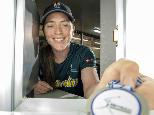 CANTERBURY-BANKSTOWN EXPRESS. Australian softballer Rachel Lack at her family factory which makes trophies and medals. Rachel is a utility player  who has her eyes an olympic team call up, photographed today 30th October 2019.  (AAP/Image Matthew Vasilescu)