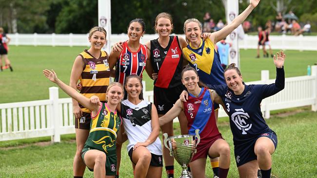 26/03/2023: QAFL and QAFLW captains including . pic Lyndon Mechielsen/Courier Mail