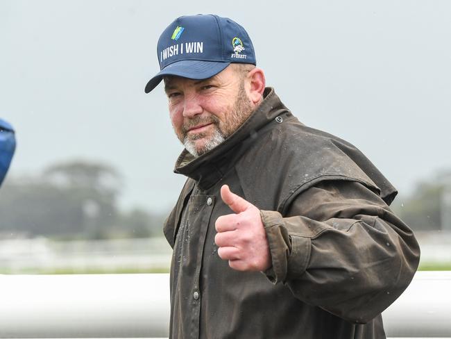 Trainer Peter G Moody after his horse He's Handsome won the Freeway Ford Handicap at Sportsbet Pakenham Synthetic track on October 04, 2023 in Pakenham, Australia. (Photo by Brett Holburt/Racing Photos via Getty Images)