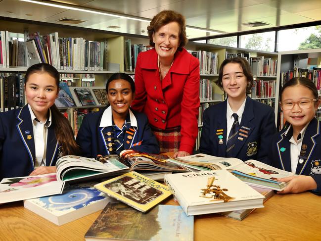 Presbyterian Ladies' College ranked 5th out of 100 top performing schools in Victoria. Principal Cheryl Penberthy with students Ainsley, Ovindee, Emily and Isabella. Picture: David Caird