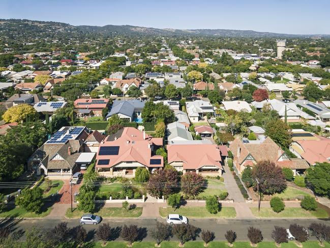 Elevated view of houses & rooftops in leafy eastern suburb of  Adelaide - suburbs, streets and housing generic images