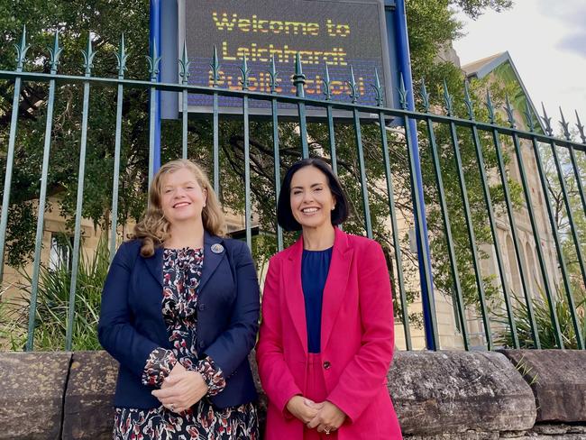 Labor candidate for Balmain Philippa Scott with Labor MP Prue Car outside Leichhardt Primary School.