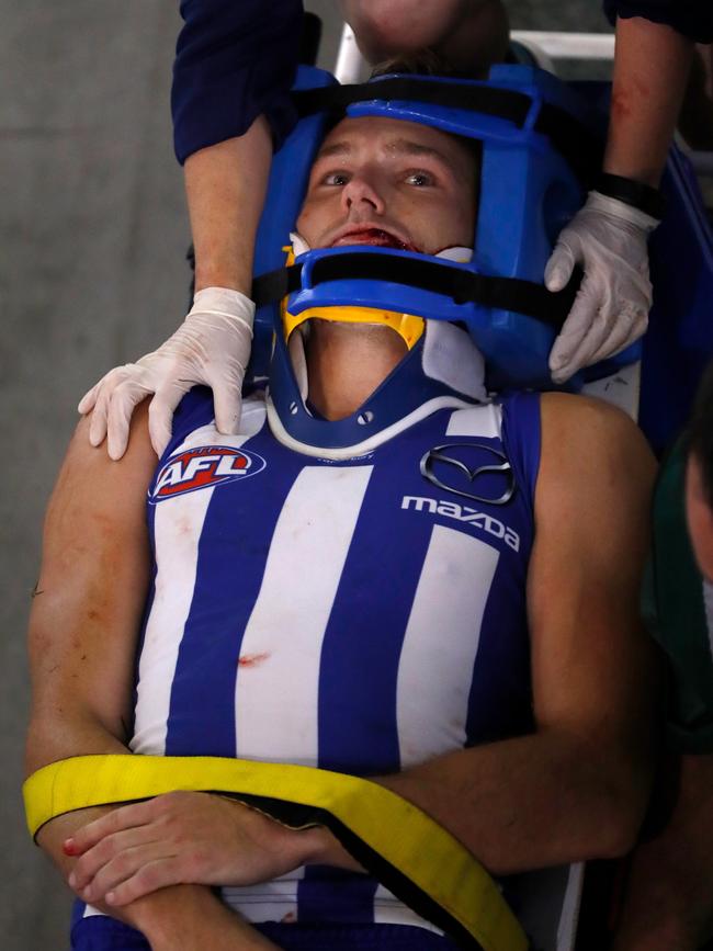 Shaun Higgins is stretchered from the field in 2018. Picture: Michael Willson/Getty Images