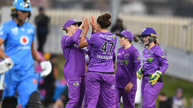 Belinda Vakarewa celebrates a wicket during the Women's Big Bash League match between the Hobart Hurricanes and the Adelaide Strikers at Blundstone Arena last year. The Hurricanes will only play in their home state twice this season. (Photo by Steve Bell/Getty Images)