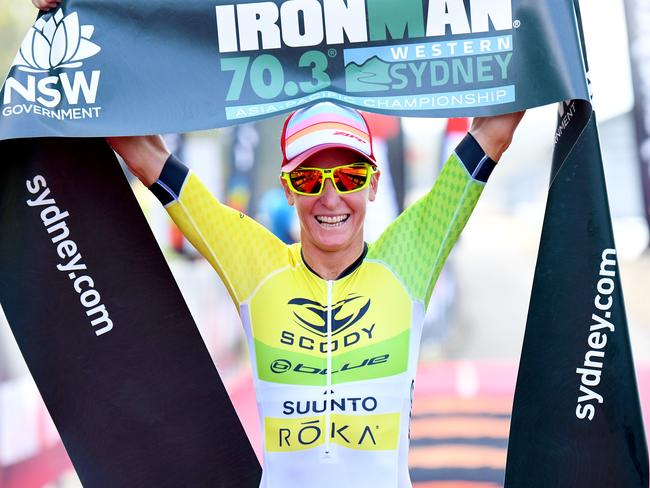 Mel Hauschildt winning the 70.3 ironman at Penrith