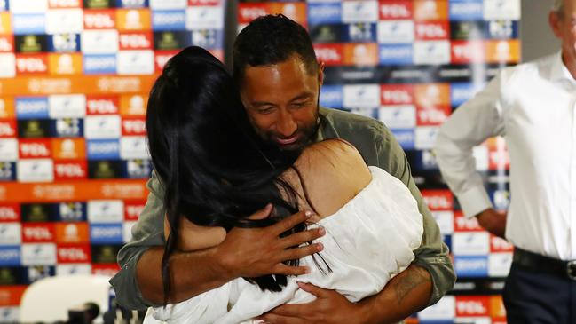 Benji Marshall hugs wife Zoe after calling time on his NRL career. Picture: Chris Hyde/Getty Images