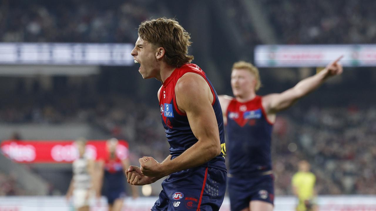 Caleb Windsor shone among Melbourne’s fleet of young talent as coach Simon Goodwin says the Demons are ahead of where they were last season. Picture: Michael Klein