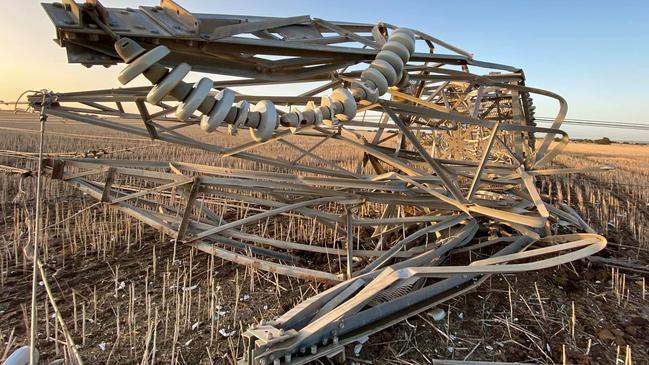 Fallen transmission towers north of Cressy, Victoria, on January 31, 2020.