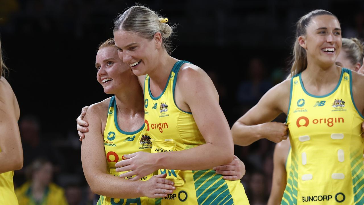 Australian Diamonds players celebrate their Constellation Cup win. Picture: Darrian Traynor