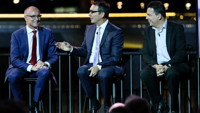 South Australian Premier Jay Weatherill, Opposition Leader Steven Marshall and SA Best leader Nick Xenophon at the South Australian Political leaders debate at the Adelaide Festival Palais. Picture: Morgan Sette