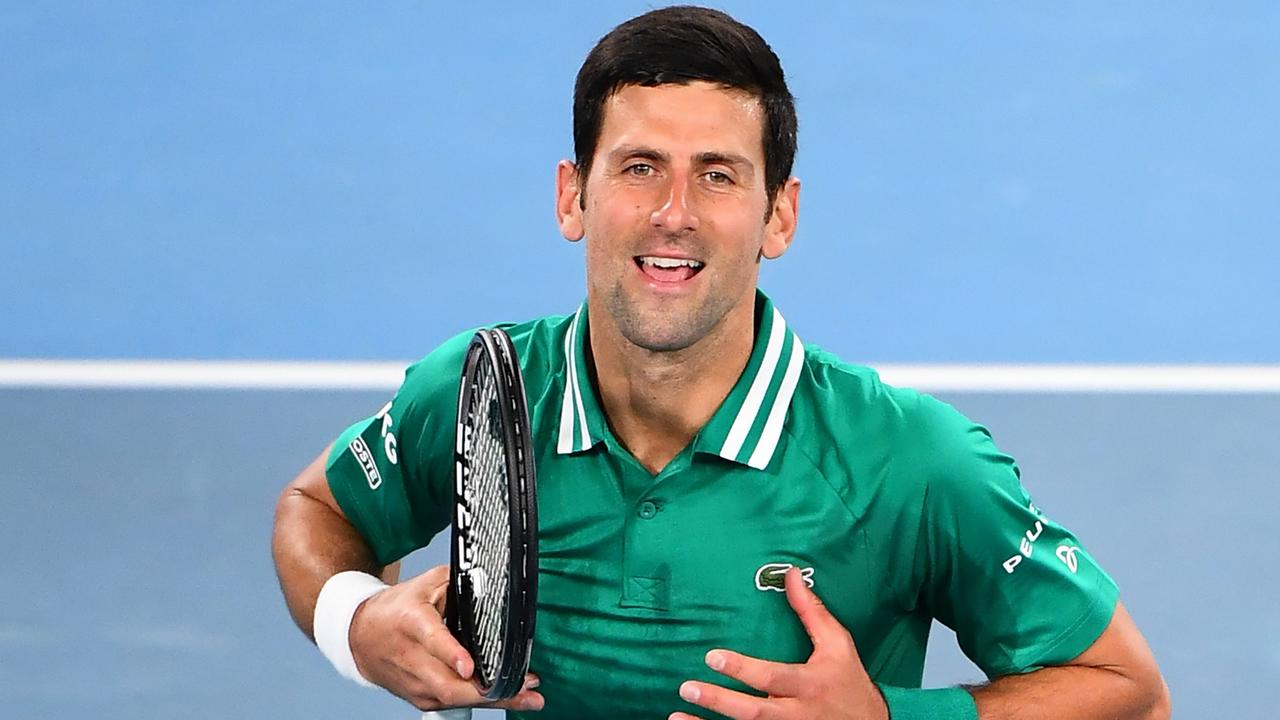 Serbia's Novak Djokovic celebrates beating France's Jeremy Chardy during their men's singles match on day one of the Australian Open tennis tournament in Melbourne on February 8, 2021. (Photo by William WEST / AFP) / -- IMAGE RESTRICTED TO EDITORIAL USE - STRICTLY NO COMMERCIAL USE --