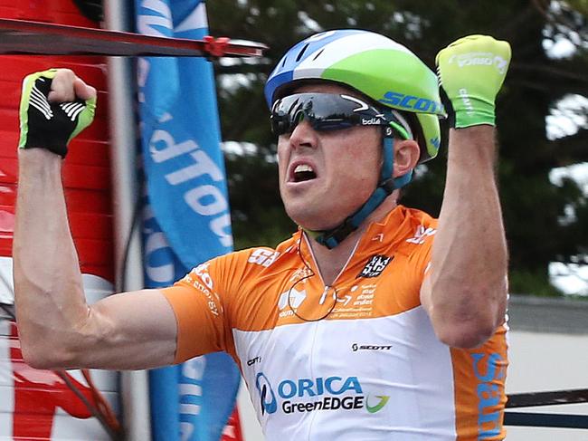 Tour Down Under Stage 4 finish. Simon Gerrans (Orica GreenEDGE) crosses the finish at Victor Harbor. Picture: Dylan Coker