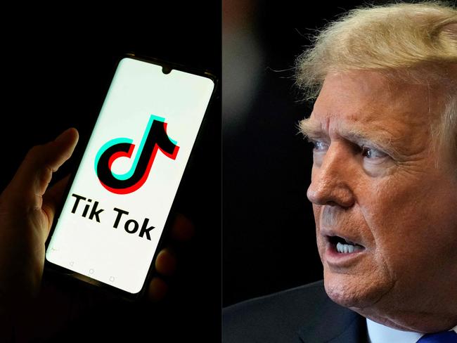 (COMBO) This combination of pictures created on June 2, 2024 shows a man holding a smartphone displaying the logo of Chinese social media platform Tiktok in an office in Paris on April 19, 2024 and former US President and Republican presidential candidate Donald Trump speaking to the media as he arrives for his criminal trial at Manhattan Criminal Court in New York City on May 30, 2024. Former US president and current White House hopeful Donald Trump has joined TikTok, posting his first video on the wildly popular social media app he once tried to ban while in office. Reaching out to younger voters as he seeks reelection in November, Trump posted a 13-second clip on June 1, 2024 that shows him in his usual blue suit and red tie attending an Ultimate Fighting Championship bout in Newark, New Jersey. (Photo by Antonin UTZ and Seth Wenig / various sources / AFP)