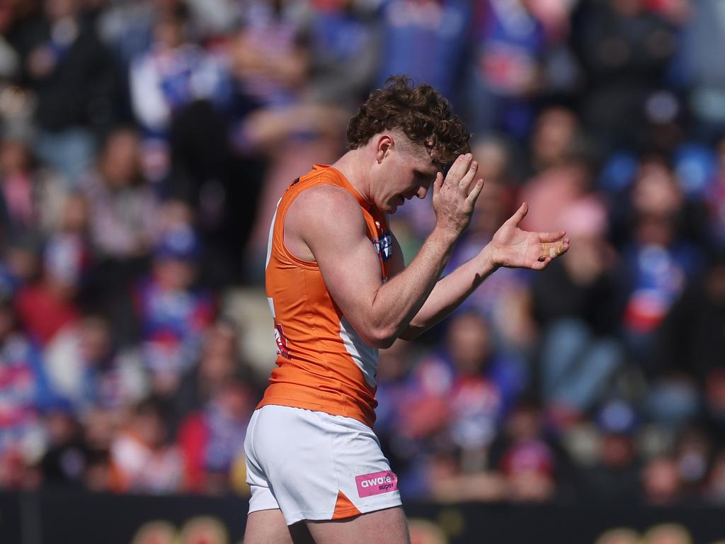 BALLARAT, AUSTRALIA - AUGUST 25: Tom Green of the Giants celebrates kicking a goal during the round 24 AFL match between Western Bulldogs and Greater Western Sydney Giants at Mars Stadium, on August 25, 2024, in Ballarat, Australia. (Photo by Daniel Pockett/Getty Images)