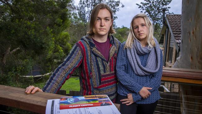 Zoe Rumble, 20, and partner Noah Churches, 21, were booked to go to Europe for a month in June and are fighting with Flight Centre to get all their money back. Picture: Wayne Taylor. 28th April 2020