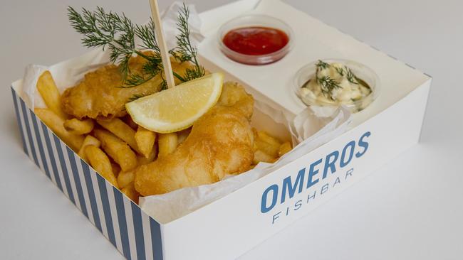 Unique packaging designed by John Omeros for his new restaurant, Omeros Fishbar at Benowa Waters. The takeaway container has in-built containers for sauces. Picture: Jerad Williams