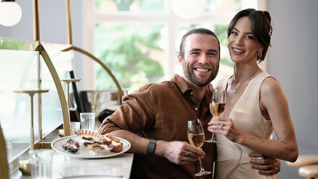 Hayley Martin and Thomas McGuane enjoying the “Provincial Platter”, a Beauty & the Beast menu at Maeve Wine Bar in Fish Lane Arts Precinct, two minutes from QPAC. Picture: Lyndon Mechielsen