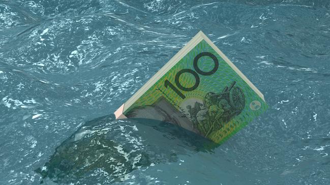 Australian money falling finance crisis sinking sea water; recession household pressure generic