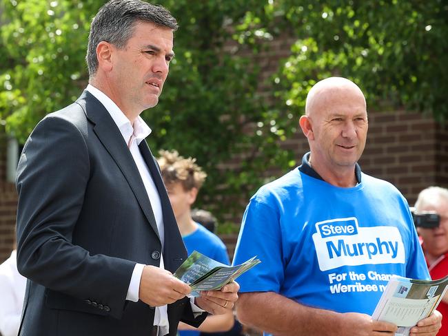 Werribee by Election. State opposition leader Brad Battin hands out how to vote flyers at the polling booth at Manor Lakes P-12 College. Picture: Ian Currie. Picture: Ian Currie