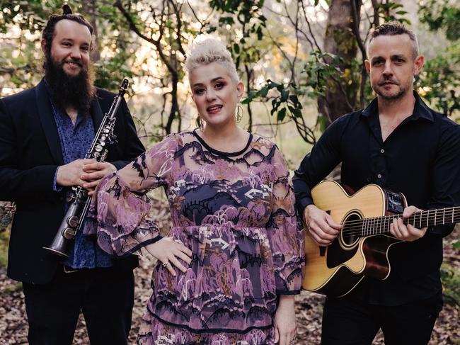 Australian folk-jazz trio Elixir, whose fourth album 'A Small Shy Truth' was released in 2023. L-R: Zac Hurren, Katie Noonan and Benjamin Hauptmann. Picture: Zoe Worth