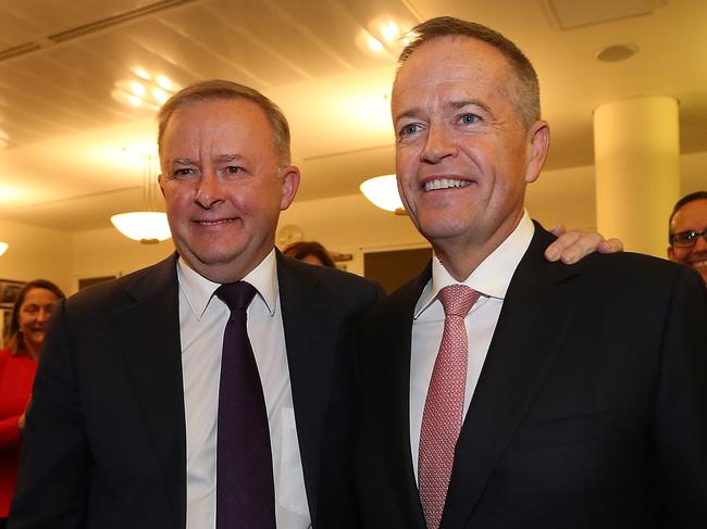 Opposition Leader Anthony Albanese and Former Leader Bill Shorten in the Labor caucus meeting at Parliament House House in Canberra. Picture Kym Smith