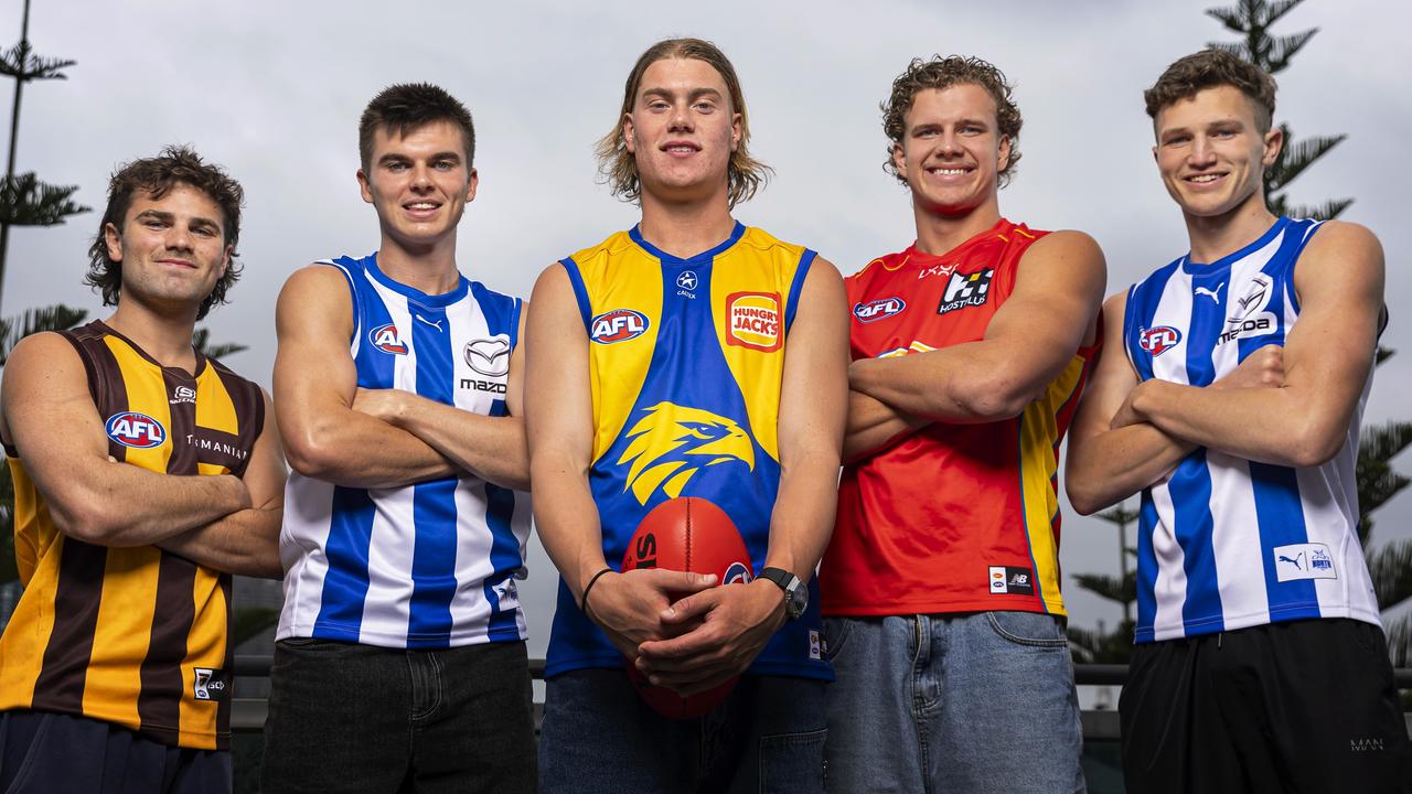 MELBOURNE, AUSTRALIA - NOVEMBER 21: The first five draftees (L-R) Nick Watson of the Hawks, Colby McKercher of the Kangaroos, Harley Reid of the Eagles, Jed Walter of the Suns and Zane Duursma of the Kangaroos pose for a photograph following the 2023 AFL Draft at Marvel Stadium on November 21, 2023 in Melbourne, Australia. (Photo by Daniel Pockett/Getty Images)