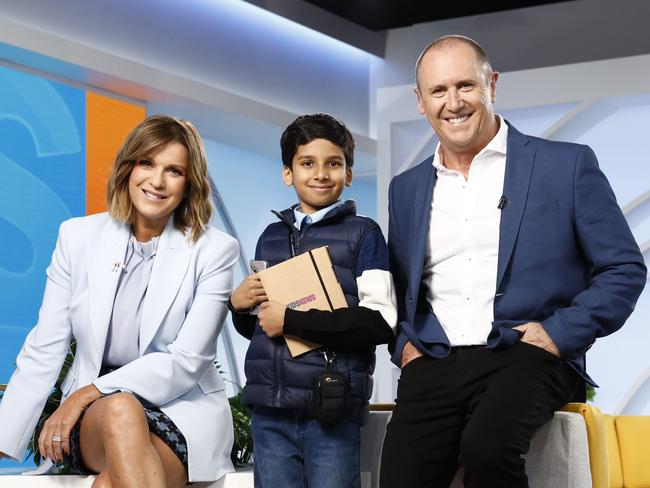 DAILY TELEGRAPH 18TH APRIL 2024Pictured at the Channel 7 Morning Show studio at Eveleigh in Sydney is The Morning Show hosts Kylie Gillies and Larry Emdur, with Adit Garg, 10, as the announce the launch of the 2024 Junior Journo Newsroom competition. Adit won the inaugural Primary News Story (Video) category in 2023.Picture: Richard Dobson