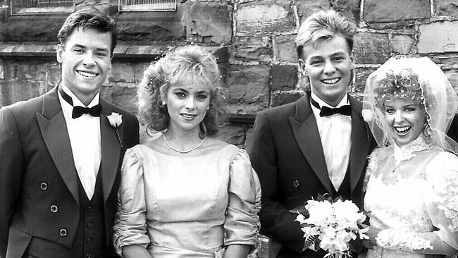 Guy Pearce, Annie Jones, Jason Donovan and Kylie Minogue in a scene from Neighbours in 1987. Picture: Network Ten