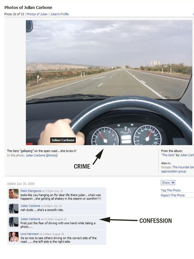 Screenshot from Burnside councillor Julian Carbone's Facebook page showing a photo of him speeding in his Hyundai Getz car at 130km/h in 2009.