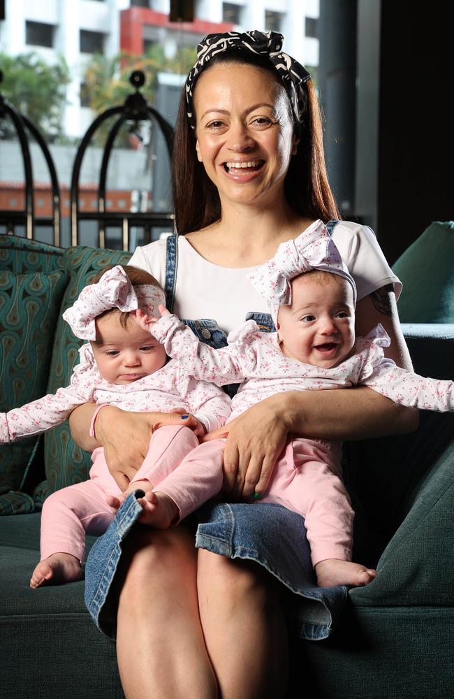 Red Wiggle Caterina Mete with her daughters Dolly And Gigi, 5 months, Brisbane. Picture: Liam Kidston