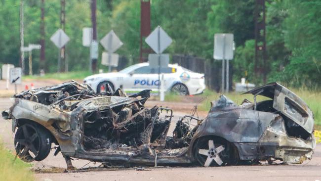 The scene of a fatal car accident on Hillier Rd Howard Springs that claimed the lives of 4 people. Picture: Glenn Campbell