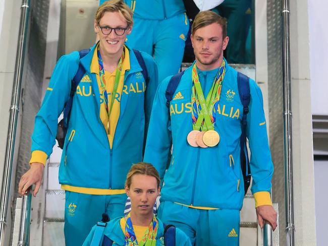 Swimmers Mack Horton and Kyle Chalmers arriving home.