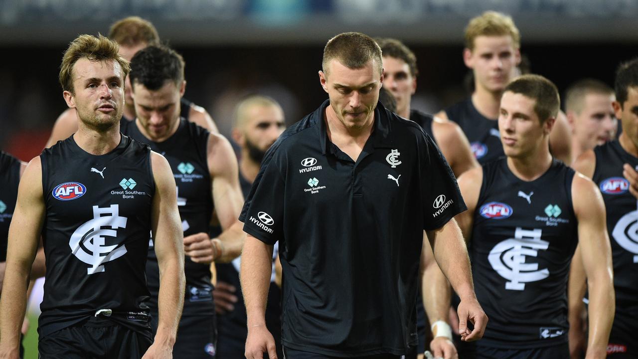 GOLD COAST, AUSTRALIA – APRIL 10: Patrick Cripps of the Blues looks dejected after the round four AFL match between the Gold Coast Suns and the Carlton Blues at Metricon Stadium on April 10, 2022 in Gold Coast, Australia. (Photo by Matt Roberts/AFL Photos/Getty Images)