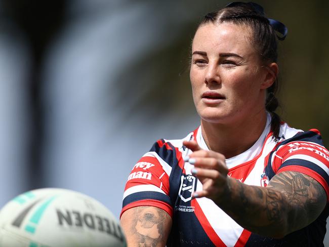 GOSFORD, AUSTRALIA - SEPTEMBER 15: Jayme Fressard of the Roosters warms up prior to the round eight NRLW match between Sydney Roosters and North Queensland Cowboys at Industree Group Stadium on September 15, 2024 in Gosford, Australia. (Photo by Jason McCawley/Getty Images)